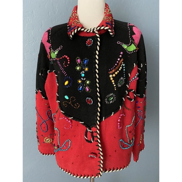 Michael Simon Vintage 90s Western Music Beaded Jewel Sweater Jacket Rockabilly 2 - Picture 8 of 11